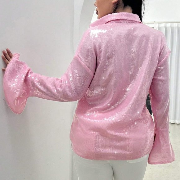 Barbiecore Flounce Sleeve Button Front Sequin Shirt Pink - Picture 2 of 4